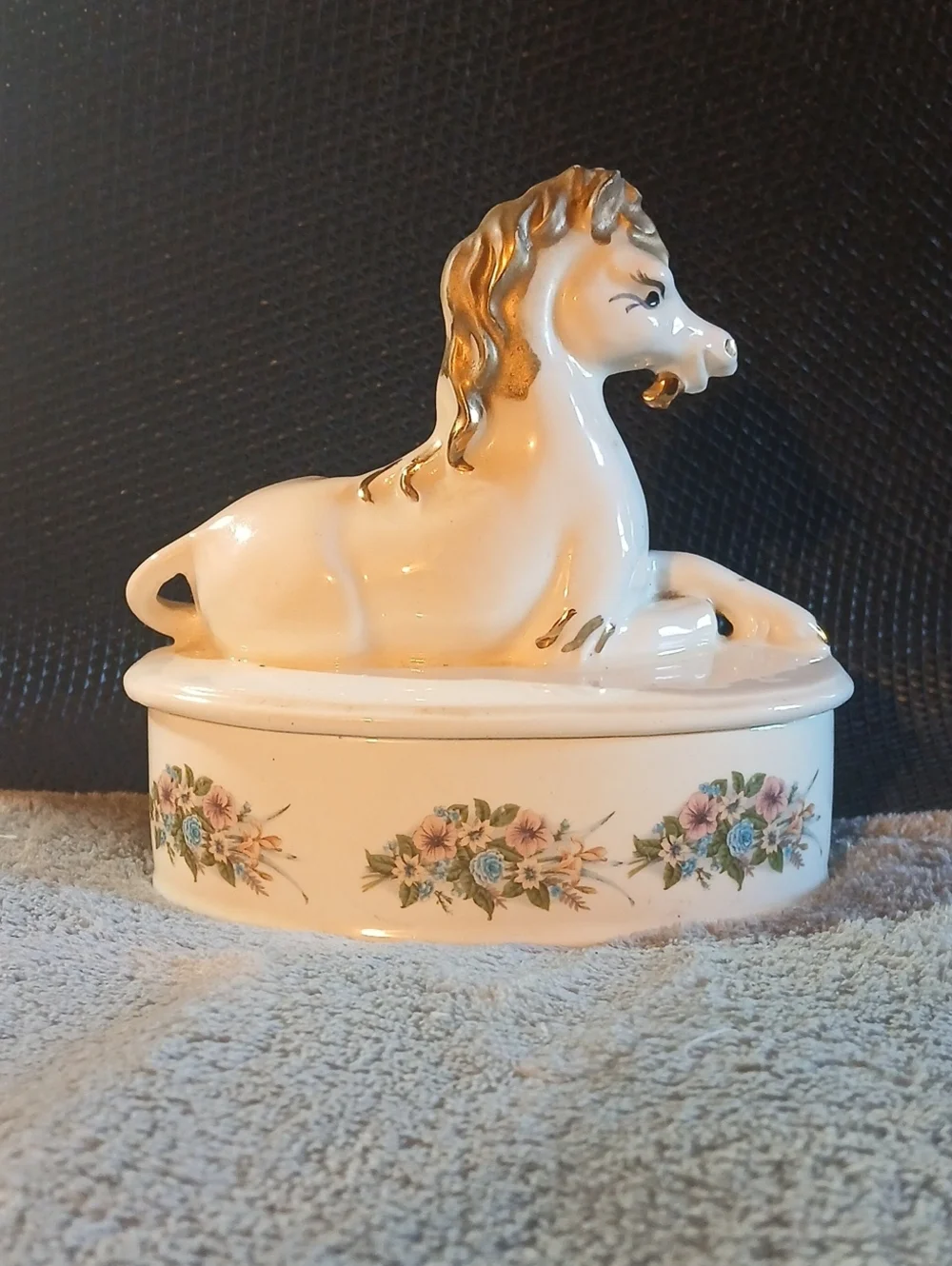 Vintage Porcelain Horse Trinket Box with Floral Banding